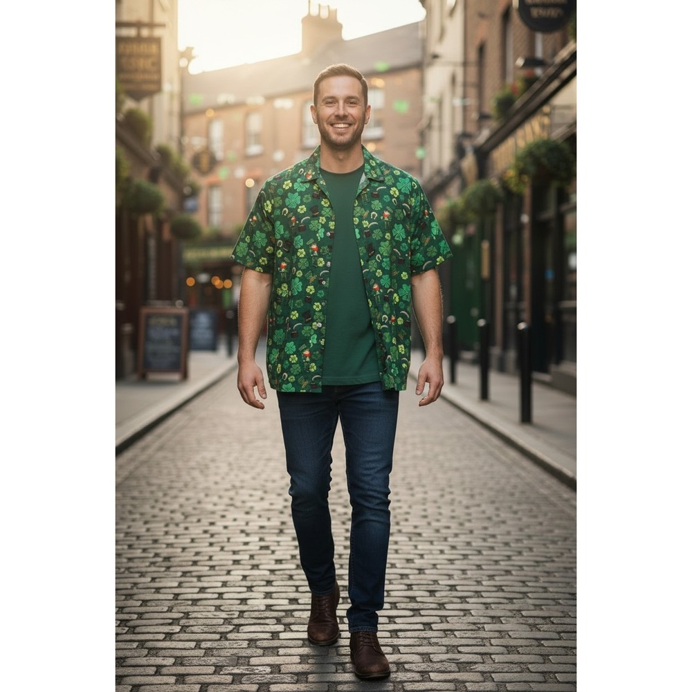 Euow Button Down Shirt Mens Green St Patricks Day Leprechaun Clover Print Medium